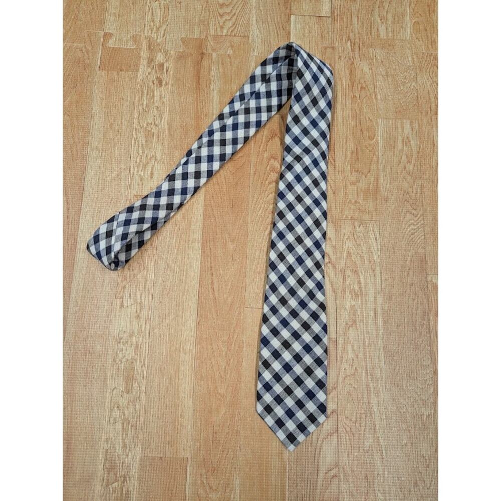 Mosaic Blue and Black Plaid tie Linen and Cotton Blend Slim